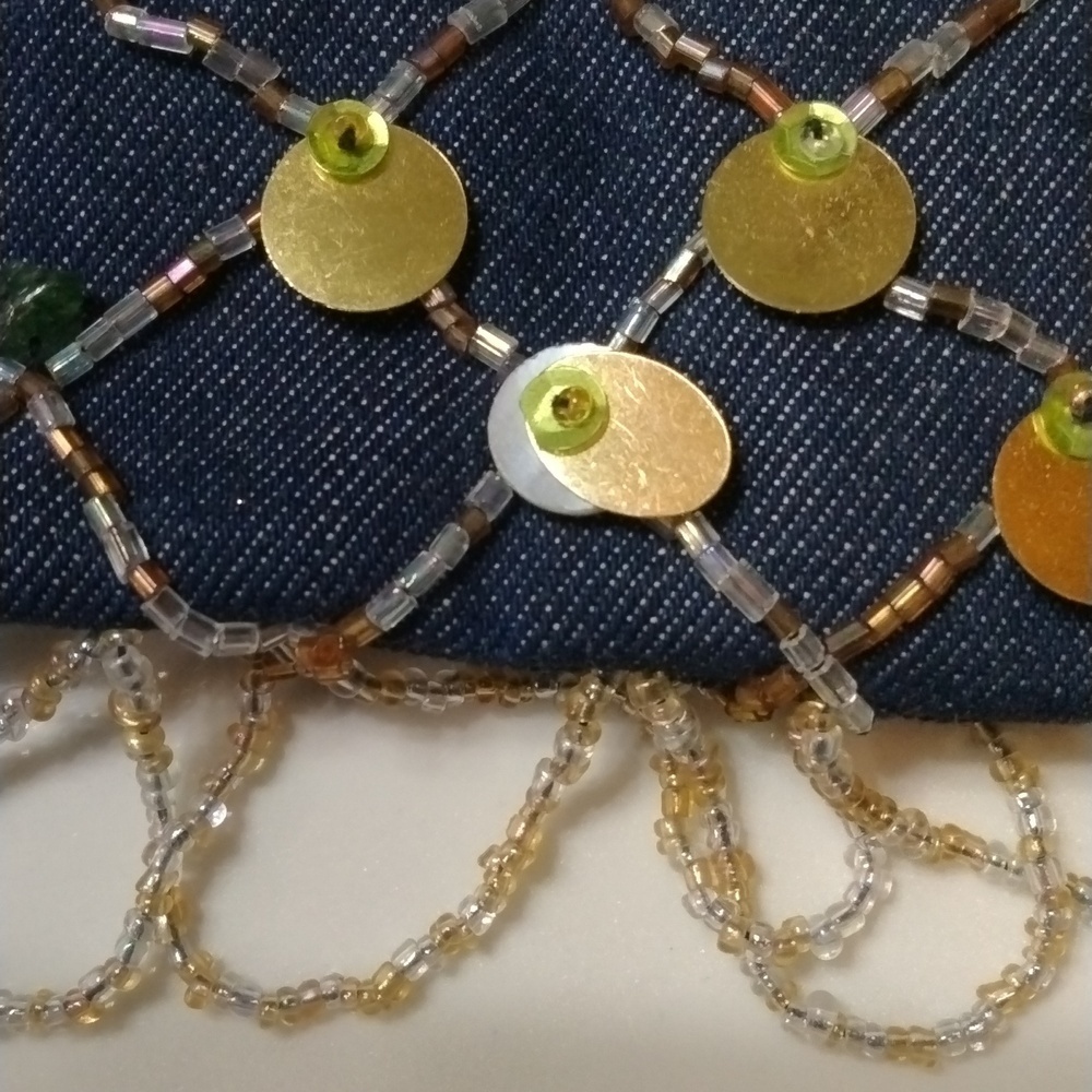 Purse-Tote Denim Jeans Blue Wooden Handle Hand Sewn Argyle Beaded Sequin Design - Picture 10 of 12